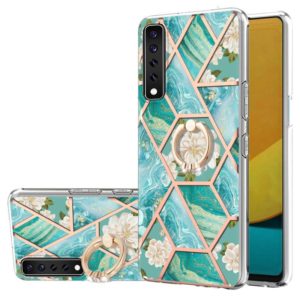 For LG Stylo 7 Electroplating Splicing Marble Flower Pattern TPU Shockproof Case with Rhinestone Ring Holder(Blue Flower) (OEM)