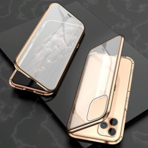 For iPhone 11 Pro Max Ultra Slim Double Sides Magnetic Adsorption Angular Frame Tempered Glass Magnet Flip Case(Gold) (OEM)