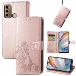 For Motorola Moto G60 Four-leaf Clasp Embossed Buckle Mobile Phone Protection Leather Case with Lanyard & Card Slot & Wallet & Bracket Function(Rose Gold) (OEM)