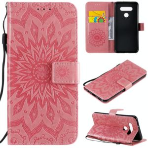For LG K51 Pressed Printing Sunflower Pattern Horizontal Flip PU Leather Case Holder & Card Slots & Wallet & Lanyard(Pink) (OEM)