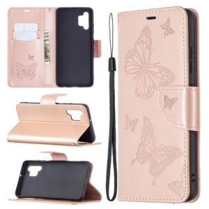 For Samsung Galaxy A32 4G Two Butterflies Embossing Pattern Horizontal Flip Leather Case with Holder & Card Slot & Wallet & Lanyard(Rose Gold) (OEM)