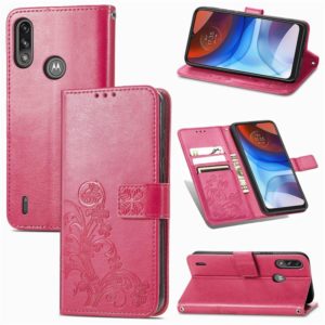 For Motorola E7 Power Four-leaf Clasp Embossed Buckle Mobile Phone Protection Leather Case with Lanyard & Card Slot & Wallet & Bracket Function(Rose Red) (OEM)