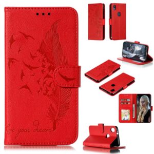 Feather Pattern Litchi Texture Horizontal Flip Leather Case with Wallet & Holder & Card Slots For Motorola Moto E6(Red) (OEM)