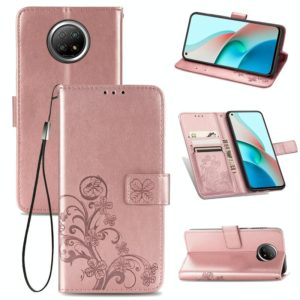 For Xiaomi Redmi Note 9 5G Four-leaf Clasp Embossed Buckle Mobile Phone Protection Leather Case with Lanyard & Card Slot & Wallet & Bracket Function(Rose Gold) (OEM)