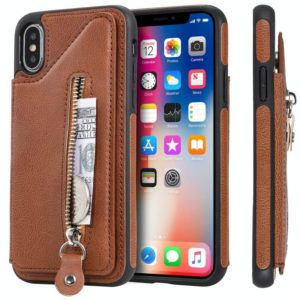 For iPhone X Solid Color Double Buckle Zipper Shockproof Protective Case(Brown) (OEM)