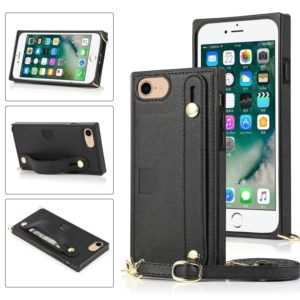 For iPhone 7 / 8 / SE 2020 Wrist Strap PU+TPU Shockproof Protective Case with Crossbody Lanyard & Holder & Card Slot(Black) (OEM)