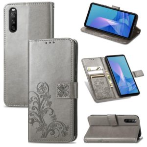 For Sony Xperia 10 III Four-leaf Clasp Embossed Buckle Mobile Phone Protection Leather Case with Lanyard & Card Slot & Wallet & Bracket Function(Gray) (OEM)