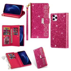 For iPhone 11 Pro Max Multi-card Slots Starry Sky Laser Carving Glitter Zipper Horizontal Flip Leather Case with Holder & Wallet & Lanyard(Rose Red) (OEM)