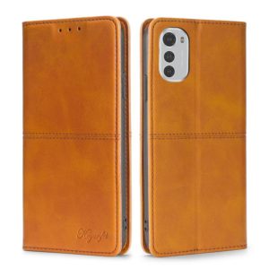 For Motorola Moto E32 4G Cow Texture Magnetic Horizontal Flip Leather Phone Case(Light Brown) (OEM)