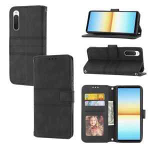 For Sony Xperia 10 IV Embossed Striped Magnetic Buckle Horizontal Flip Phone Leather Case(Black) (OEM)