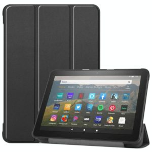 For Kindle Fire HD 8 (2020) Custer Pattern Pure Color Horizontal Flip Leather Case with Three-folding Holder & Wake-up / Sleep Function(Black) (OEM)
