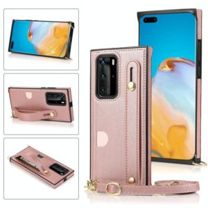 For Huawei P40 Pro Wrist Strap PU+TPU Shockproof Protective Case with Crossbody Lanyard & Holder & Card Slot(Rose Gold) (OEM)