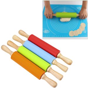 kn055 Solid Wooden Handle Silicone Rolling Pin Non-stick Food Dumpling Stick, Length: 43cm, Random Color Delivery (OEM)