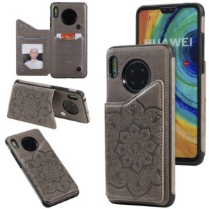 For Huawei Mate 30 Flower Embossing Pattern Shockproof Protective Case with Holder & Card Slots & Photo Frame(Grey) (OEM)