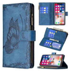For iPhone X / XS Flying Butterfly Embossing Pattern Zipper Horizontal Flip Leather Case with Holder & Card Slots & Wallet(Blue) (OEM)