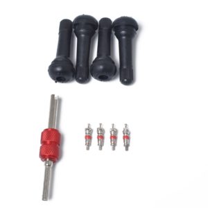 Snap-in Short Black Rubber Valve Stem (TR414) 4-Pack with Valve Core Wrench for Tubeless 0.453 Inch 11.5mm Rim Holes on Standard Vehicle Tires (OEM)