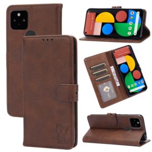 For Google Pixel 5a 5G Embossed Happy Cat Pattern Horizontal Flip Leather Case with Holder & Card Slots & Wallet(Brown) (OEM)