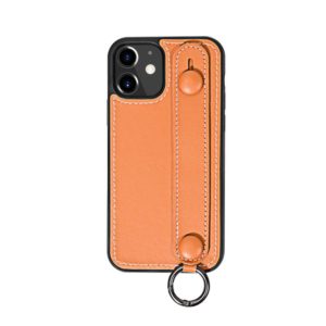 For iPhone 12 / 12 Pro Top Layer Cowhide Shockproof Protective Case with Wrist Strap Bracket(Brown) (OEM)