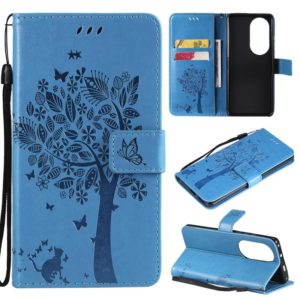 For Huawei P50 Pro Tree & Cat Pattern Pressed Printing Horizontal Flip PU Leather Case with Holder & Card Slots & Wallet & Lanyard(Blue) (OEM)