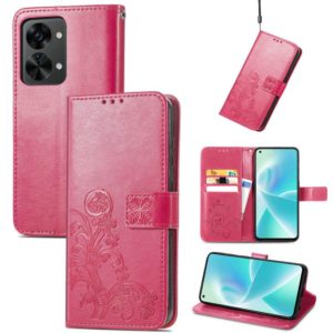 For OnePlus Nord 2T Four-leaf Clasp Embossed Buckle Leather Phone Case(Rose Red) (OEM)