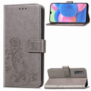For Galaxy A30S Four-leaf Clasp Embossed Buckle Mobile Phone Protection Leather Case with Lanyard & Card Slot & Wallet & Bracket Function(Gray) (OEM)