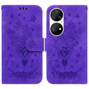 For Huawei P50 Pro Butterfly Rose Embossed Leather Phone Case(Purple) (OEM)
