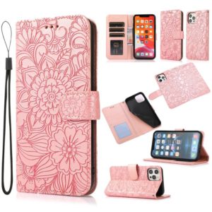 For iPhone 12 Pro Max Skin Feel Embossed Sunflower Horizontal Flip Leather Case with Holder & Card Slots & Wallet & Lanyard(Rose gold) (OEM)
