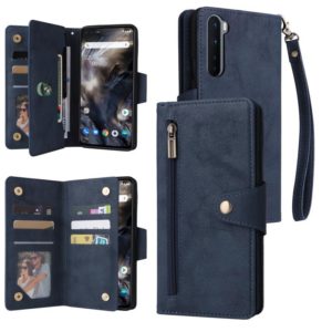 For OnePlus Nord Rivet Buckle 9 Cards Three Fold Leather Phone Case(Blue) (OEM)