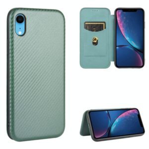 For iPhone XR Carbon Fiber Texture Horizontal Flip TPU + PC + PU Leather Case with Card Slot(Green) (OEM)