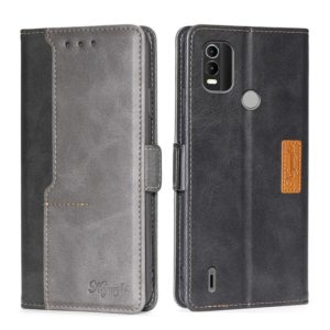 For Nokia C21 Plus Contrast Color Side Buckle Leather Phone Case(Black + Grey) (OEM)