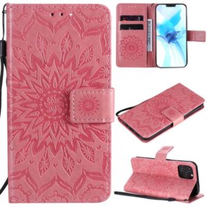 For iPhone 12 / 12 Pro Pressed Printing Sunflower Pattern Horizontal Flip PU Leather Case Holder & Card Slots & Wallet & Lanyard(Pink) (OEM)
