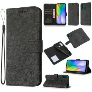 For Huawei Y6p Skin Feel Embossed Sunflower Horizontal Flip Leather Case with Holder & Card Slots & Wallet & Lanyard(Black) (OEM)