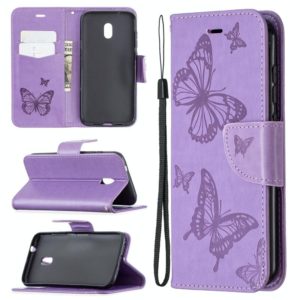 For Nokia C1 Plus Two Butterflies Embossing Pattern Horizontal Flip Leather Case with Holder & Card Slot & Wallet & Lanyard(Purple) (OEM)