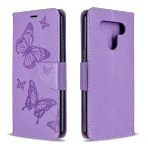 For LG K51 Two Butterflies Embossing Pattern Horizontal Flip Leather Case with Holder & Card Slot & Wallet & Lanyard(Purple) (OEM)