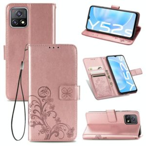 For vivo Y52s Four-leaf Clasp Embossed Buckle Mobile Phone Protection Leather Case with Lanyard & Card Slot & Wallet & Bracket Function(Rose Gold) (OEM)