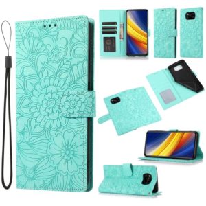 For Xiaomi POCO X3 NFC / X3 Pro / X3 Skin Feel Embossed Sunflower Horizontal Flip Leather Case with Holder & Card Slots & Wallet & Lanyard(Green) (OEM)