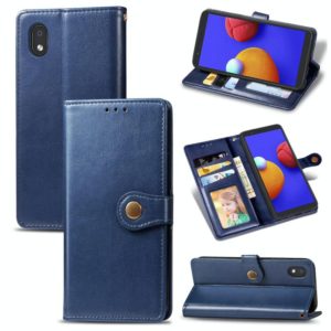 For Samsung Galaxy A01 Core Retro Solid Color Leather Buckle Phone Case with Lanyard & Photo Frame & Card Slot & Wallet & Stand Function(Blue) (OEM)