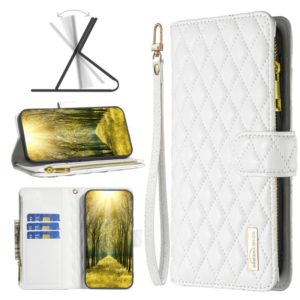 For Motorola Moto G22 Diamond Lattice Zipper Wallet Leather Flip Phone Case(White) (OEM)