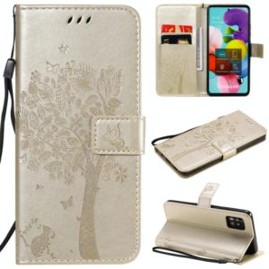 For Samsung Galaxy A51 5G Tree & Cat Embossed Pattern Horizontal Flip Leather Case with Holder & Card Slots & Wallet & Lanyard(Gold) (OEM)