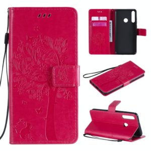 For Huawei Y6p Tree & Cat Embossed Pattern Horizontal Flip Leather Case with Holder & Card Slots & Wallet & Lanyard(Rose Red) (OEM)