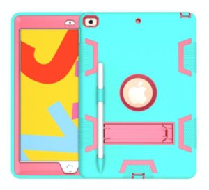For iPad 10.2 Shockproof PC + Silicone Protective Case with Holder & Pen Slot(Mint Green + Rose Red) (OEM)