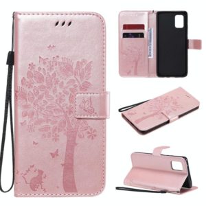 For Samsung Galaxy A71 5G Tree & Cat Embossed Pattern Horizontal Flip Leather Case with Holder & Card Slots & Wallet & Lanyard(Rose Gold) (OEM)