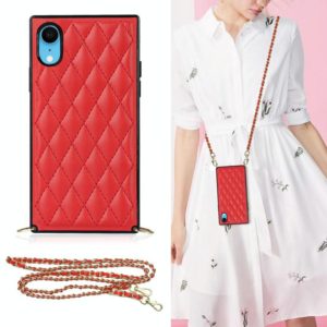 For iPhone XR Elegant Rhombic Pattern Microfiber Leather +TPU Shockproof Case with Crossbody Strap Chain(Red) (OEM)