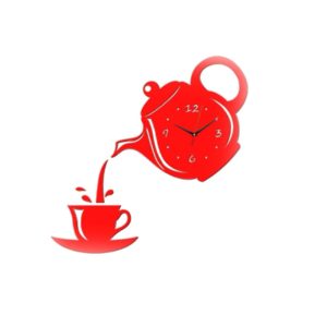 Creative DIY Acrylic Coffee Cup Teapot 3D Wall Clock Decorative Kitchen Wall Clocks Living Room Dining Room Home Decor Clock(Red) (OEM)
