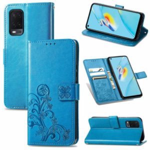 For OPPO A54 4G Four-leaf Clasp Embossed Buckle Mobile Phone Protection Leather Case with Lanyard & Card Slot & Wallet & Bracket Function(Blue) (OEM)