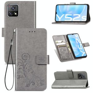 For vivo Y52s Four-leaf Clasp Embossed Buckle Mobile Phone Protection Leather Case with Lanyard & Card Slot & Wallet & Bracket Function(Gray) (OEM)
