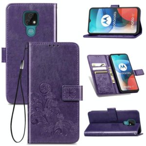 Four-leaf Clasp Embossed Buckle Mobile Phone Protection Leather Case with Lanyard & Card Slot & Wallet & Bracket Function For Motorola Moto E7(Purple) (OEM)