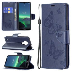 For Nokia 1.4 Embossing Two Butterflies Pattern Horizontal Flip PU Leather Case with Holder & Card Slot & Wallet & Lanyard(Dark Blue) (OEM)