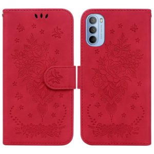 For Motorola Moto G51 Butterfly Rose Embossed Leather Phone Case(Red) (OEM)