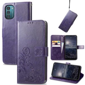 For Nokia G21 Four-leaf Clasp Embossed Buckle Leather Phone Case(Purple) (OEM)